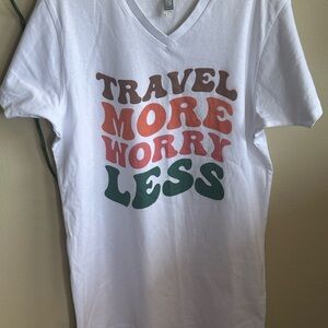 Heritage White Lightweight Cotton Tee “TRAVEL MORE WORRY LESS” graphic NWOT